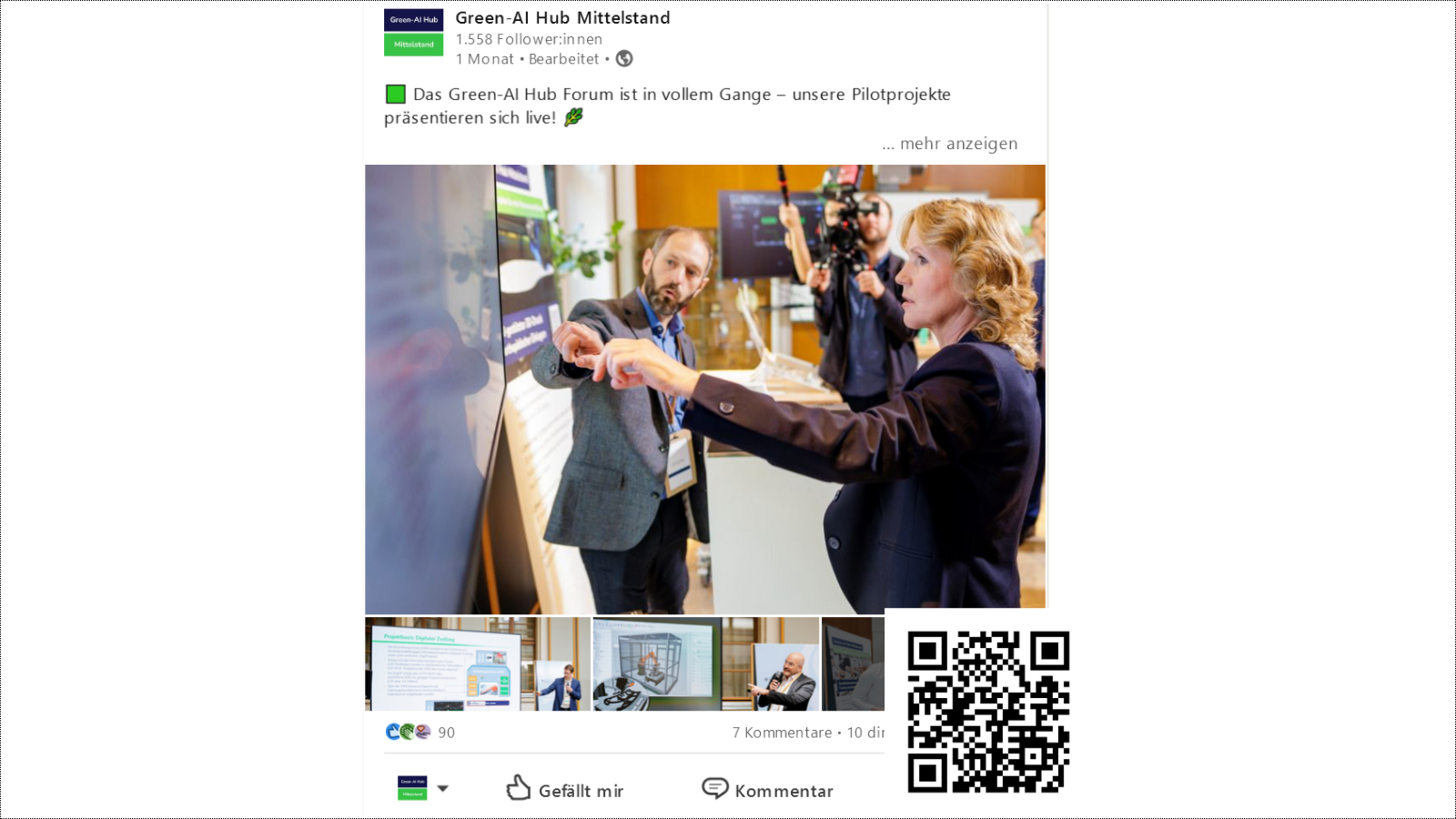 Ein LinkedIn Post des Green-AI Hub Mittelstand, in welchem Bundesumweltministerin Steffi Lemke und verschiedene KI-Lösungen zu sehen sind.