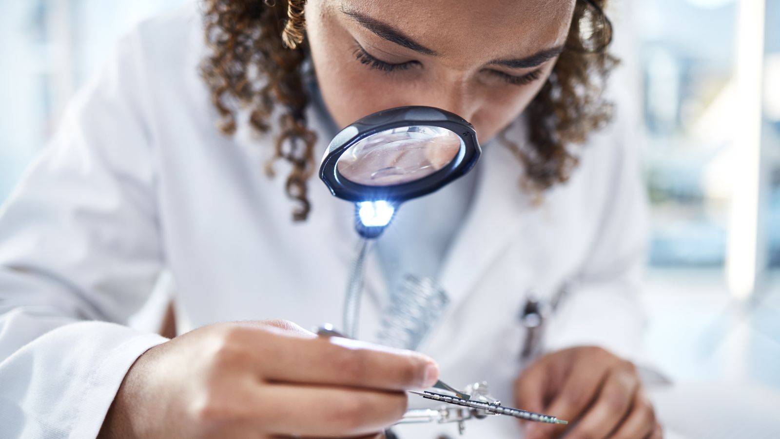 Bild einer Wissenschaftlerin mit einer Lupe und einem Mikrochip