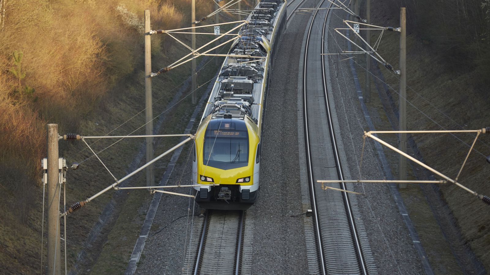 Ein Hochgeschwindigkeitszug fährt auf Gleisen. daneben stehen die Fahrleitungsmasten.